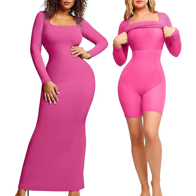 Long Body Shapewear Dresses Women Long Sleeves Tight Full Body Shaper Control Slips Built in Shapewear Bra in 1 Sexy Girl