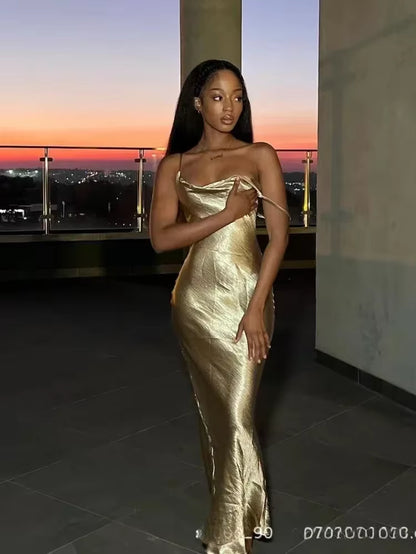 Elegant Satin Backless Maxi Dress for Women Gown Summer Spaghetti Strap Sleeveless Party Long Dress Vestido Robe Femmes
