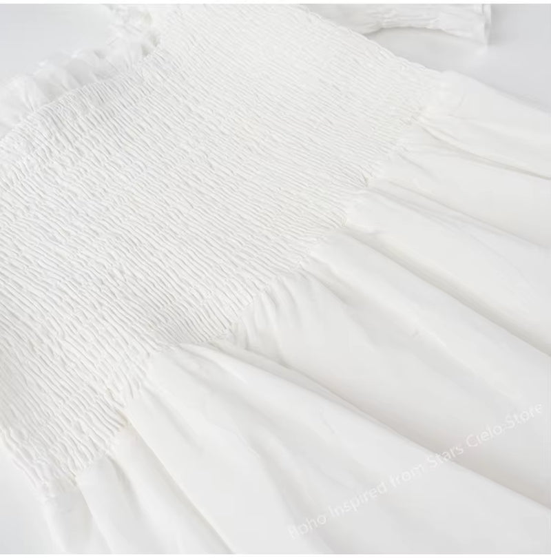 Shirred Bust Summer Dress Puff Sleeve Frilled Elegant Ladies Dress Cotton Woman Dress New Boho Dress for Women