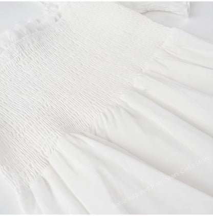 Shirred Bust Summer Dress Puff Sleeve Frilled Elegant Ladies Dress Cotton Woman Dress New Boho Dress for Women