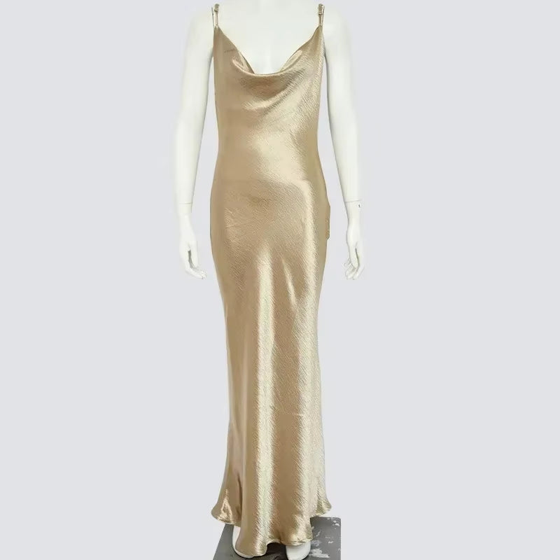 Elegant Satin Backless Maxi Dress for Women Gown Summer Spaghetti Strap Sleeveless Party Long Dress Vestido Robe Femmes