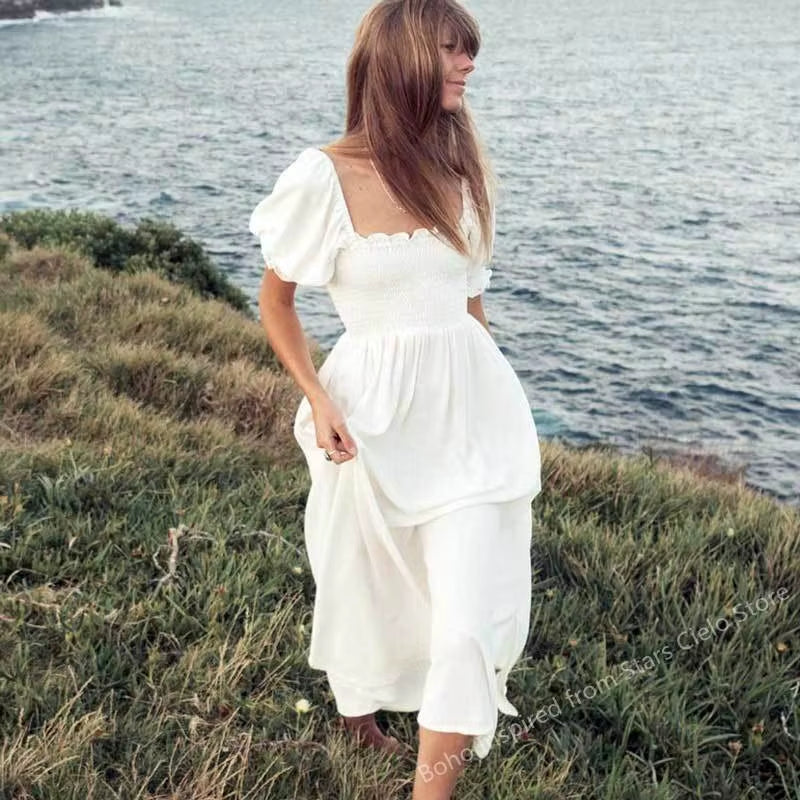 Shirred Bust Summer Dress Puff Sleeve Frilled Elegant Ladies Dress Cotton Woman Dress New Boho Dress for Women
