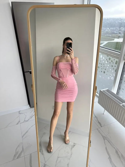 Mingmingxi Elegant off the Shoulder Mesh Dress Sexy Halter Boning Bodycon Birthday Party Dresses Pink Summer Dresses Women