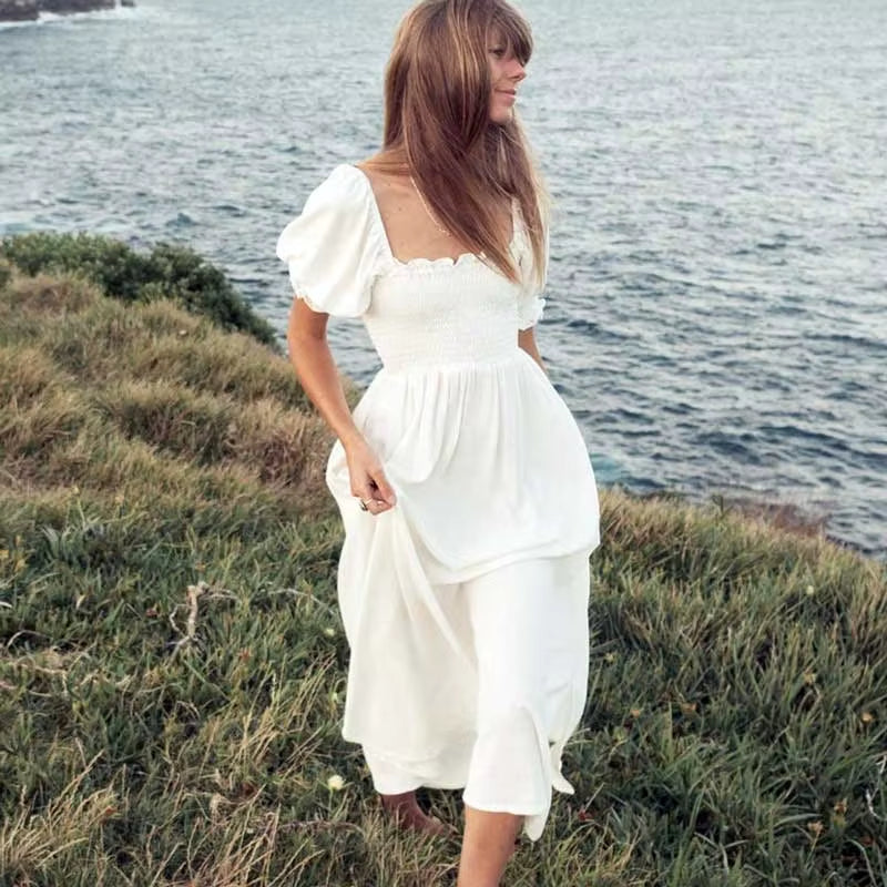 Shirred Bust Summer Dress Puff Sleeve Frilled Elegant Ladies Dress Cotton Woman Dress New Boho Dress for Women