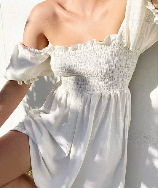 Shirred Bust Summer Dress Puff Sleeve Frilled Elegant Ladies Dress Cotton Woman Dress New Boho Dress for Women