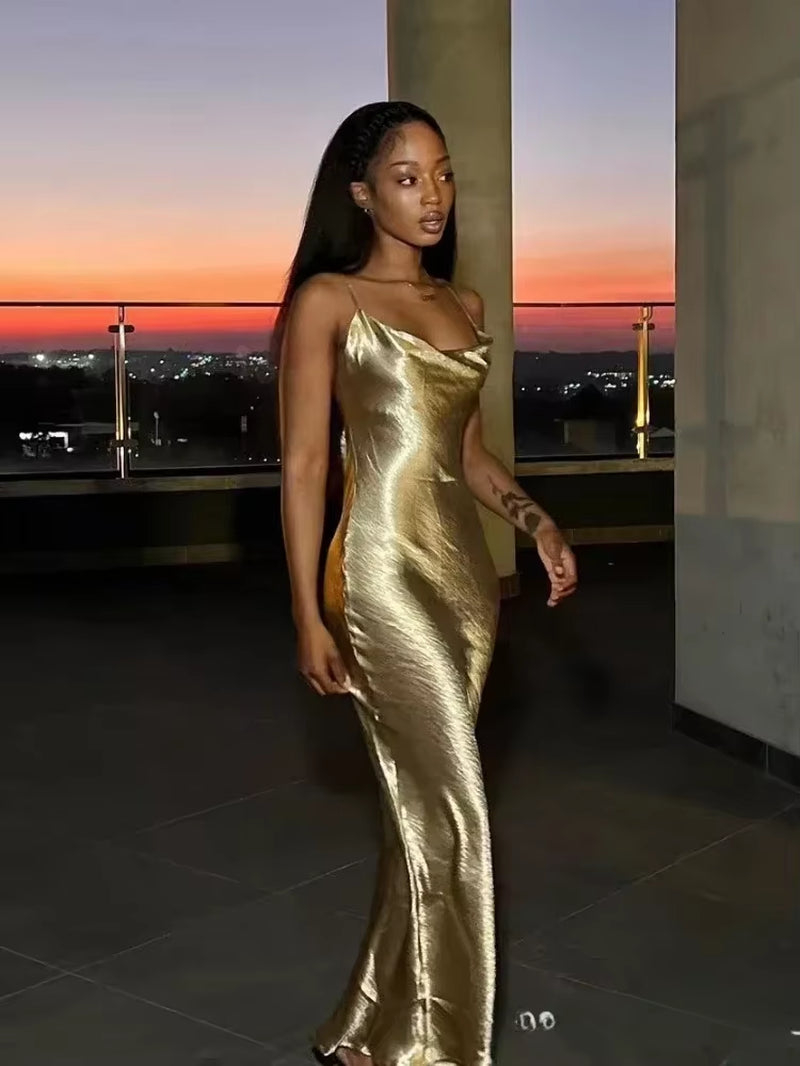 Elegant Satin Backless Maxi Dress for Women Gown Summer Spaghetti Strap Sleeveless Party Long Dress Vestido Robe Femmes