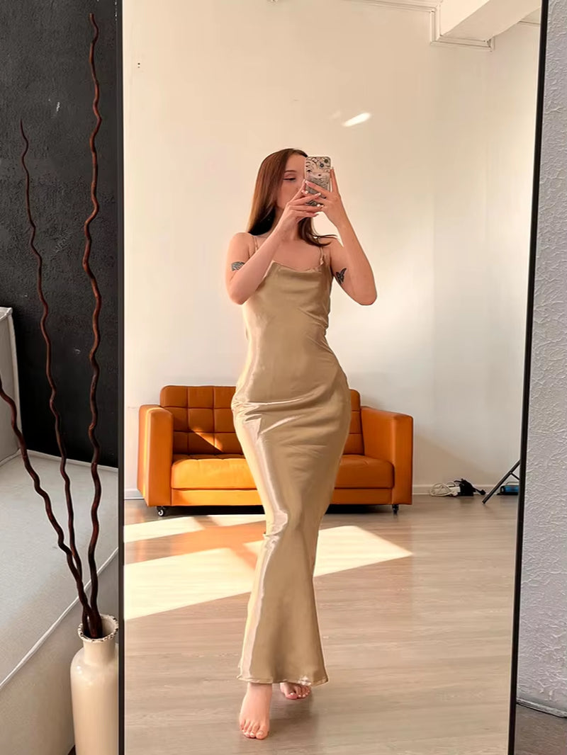 Elegant Satin Backless Maxi Dress for Women Gown Summer Spaghetti Strap Sleeveless Party Long Dress Vestido Robe Femmes