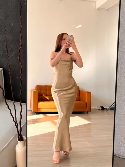Elegant Satin Backless Maxi Dress for Women Gown Summer Spaghetti Strap Sleeveless Party Long Dress Vestido Robe Femmes