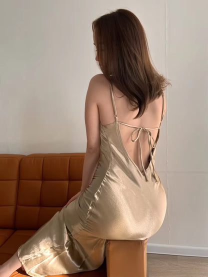 Elegant Satin Backless Maxi Dress for Women Gown Summer Spaghetti Strap Sleeveless Party Long Dress Vestido Robe Femmes