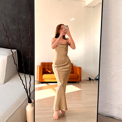 Elegant Satin Backless Maxi Dress for Women Gown Summer Spaghetti Strap Sleeveless Party Long Dress Vestido Robe Femmes